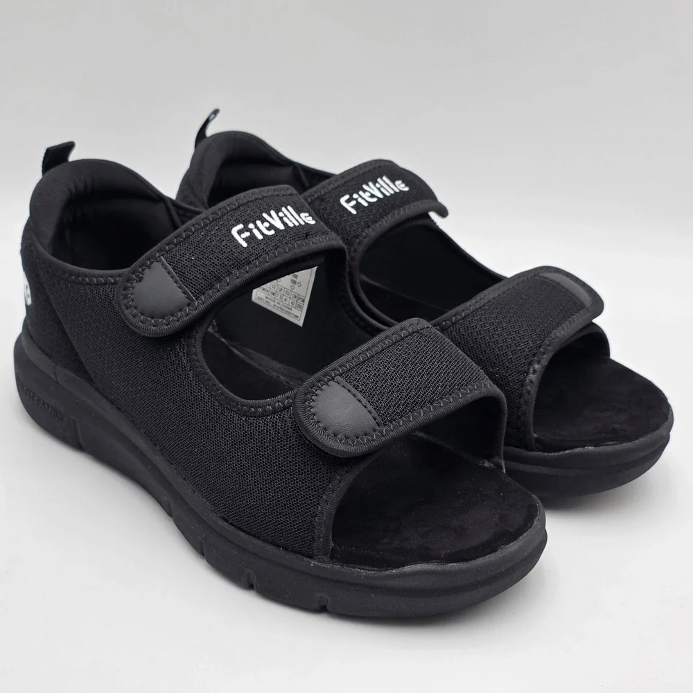 FitVille Women's Diabetic Sandals Casual Comfort Adjustable Shoes Black Size 10W